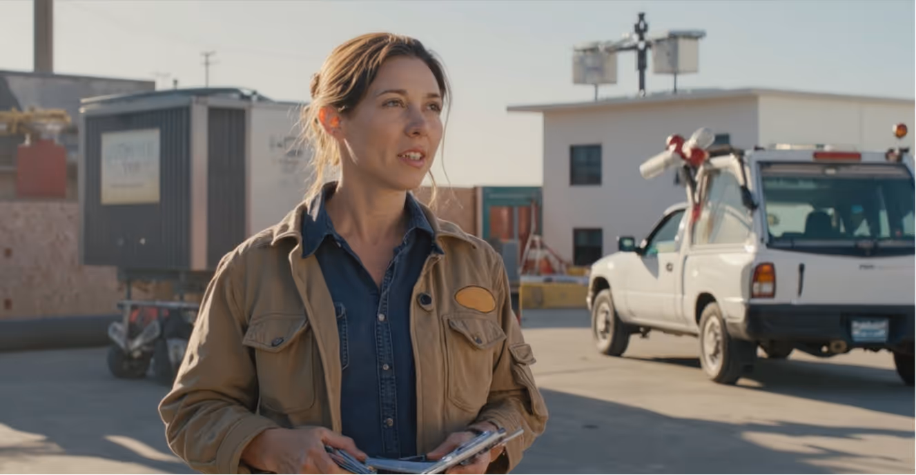 Commercial HVAC sales director reviewing a tablet outside a jobsite, preparing for a customer meeting.