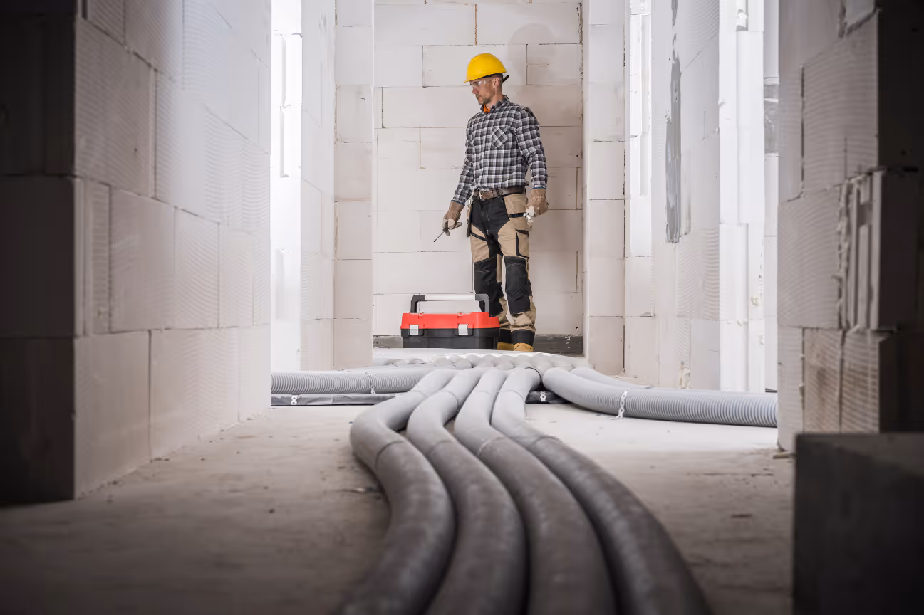 Technician standing over a yellow-and-black toolbox and overlooking the jobsite, representing preparation and accountability in his work.