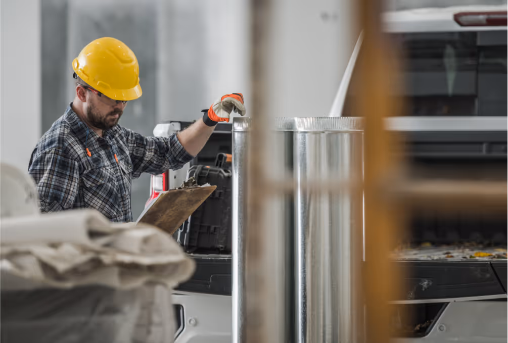HVAC site manager reviewing blueprints with hard hat, reflecting tailored plans and no cookie-cutter Workplans.