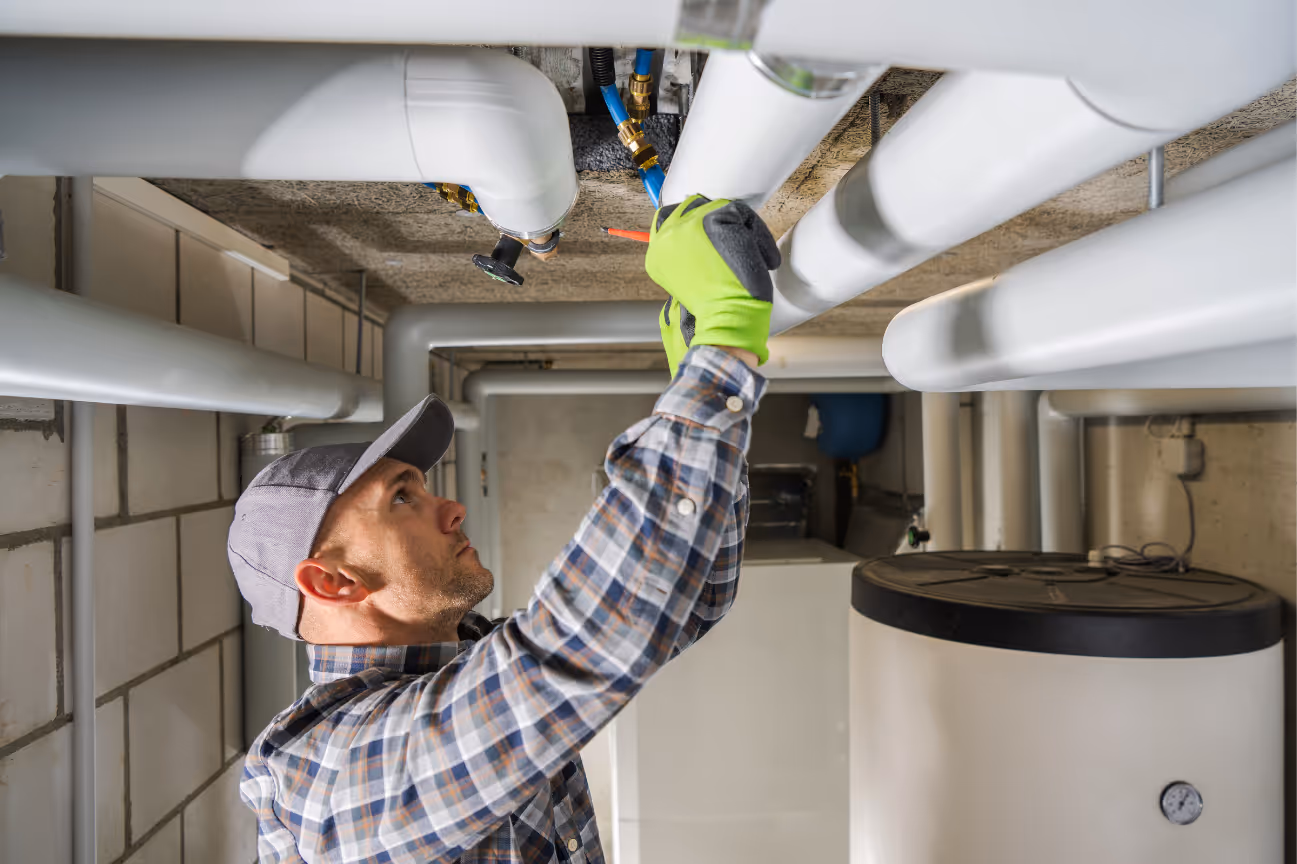 Commercial HVAC technician servicing overhead piping and valves inside a mechanical room.