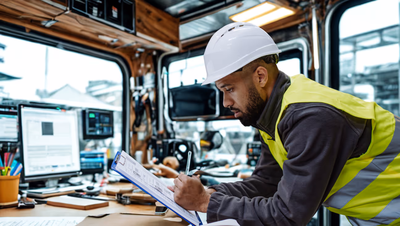 HVAC technician in a hard hat sitting in a service van, writing notes on a clipboard before heading to a job
