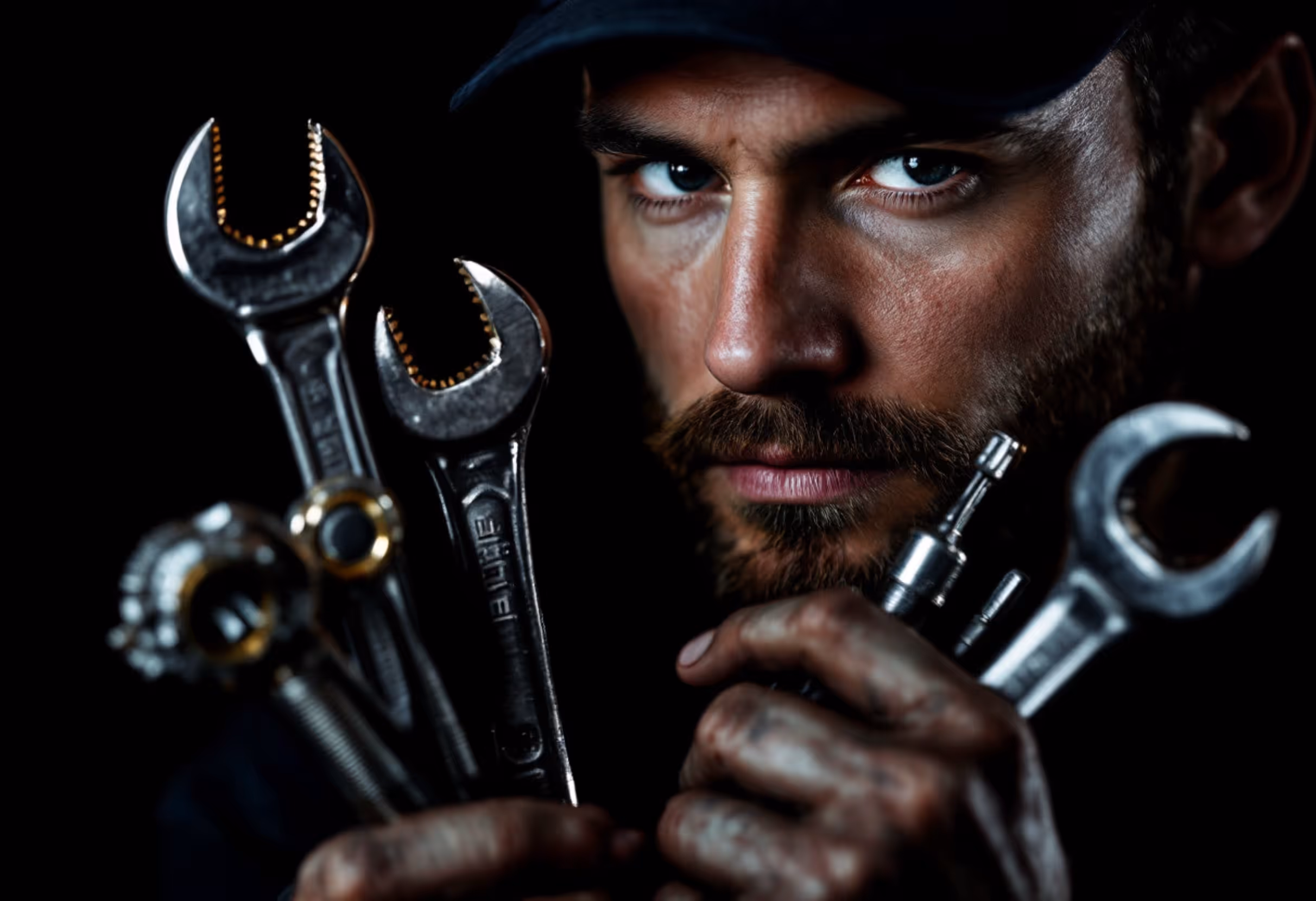 Close-up of a determined HVAC technician holding a wrench, representing skilled trades pros ready to scale their business.