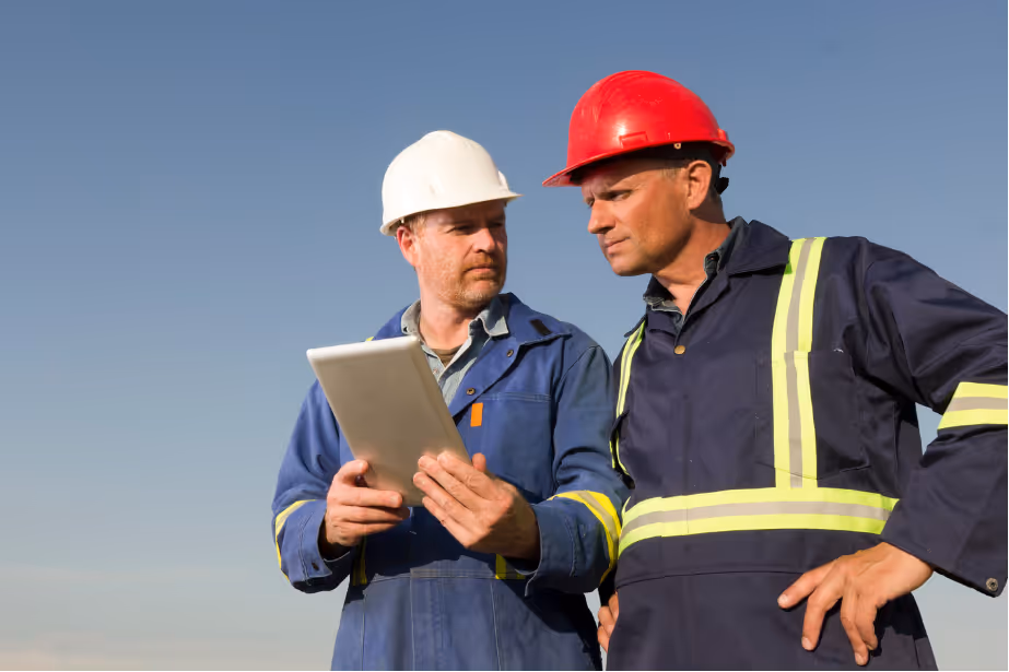 Two hvac owner operators in hard hats and blue jumpsuits look at a tablet computer against a clear blue sky.