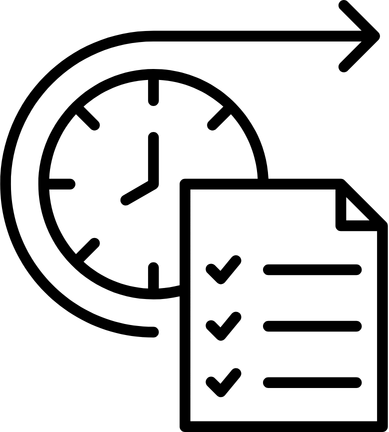 Document with checkmars paired with a clock and arrow around it for speed.
