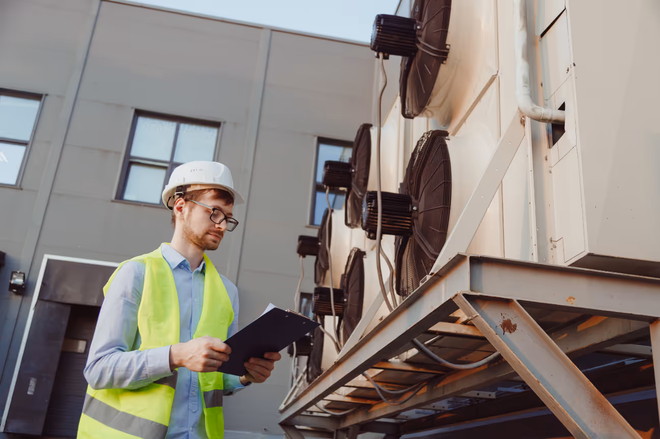 An hvac tech in a hard hat and reflective vest holds a clipboard while standing in front of an industrial air conditioning unit.