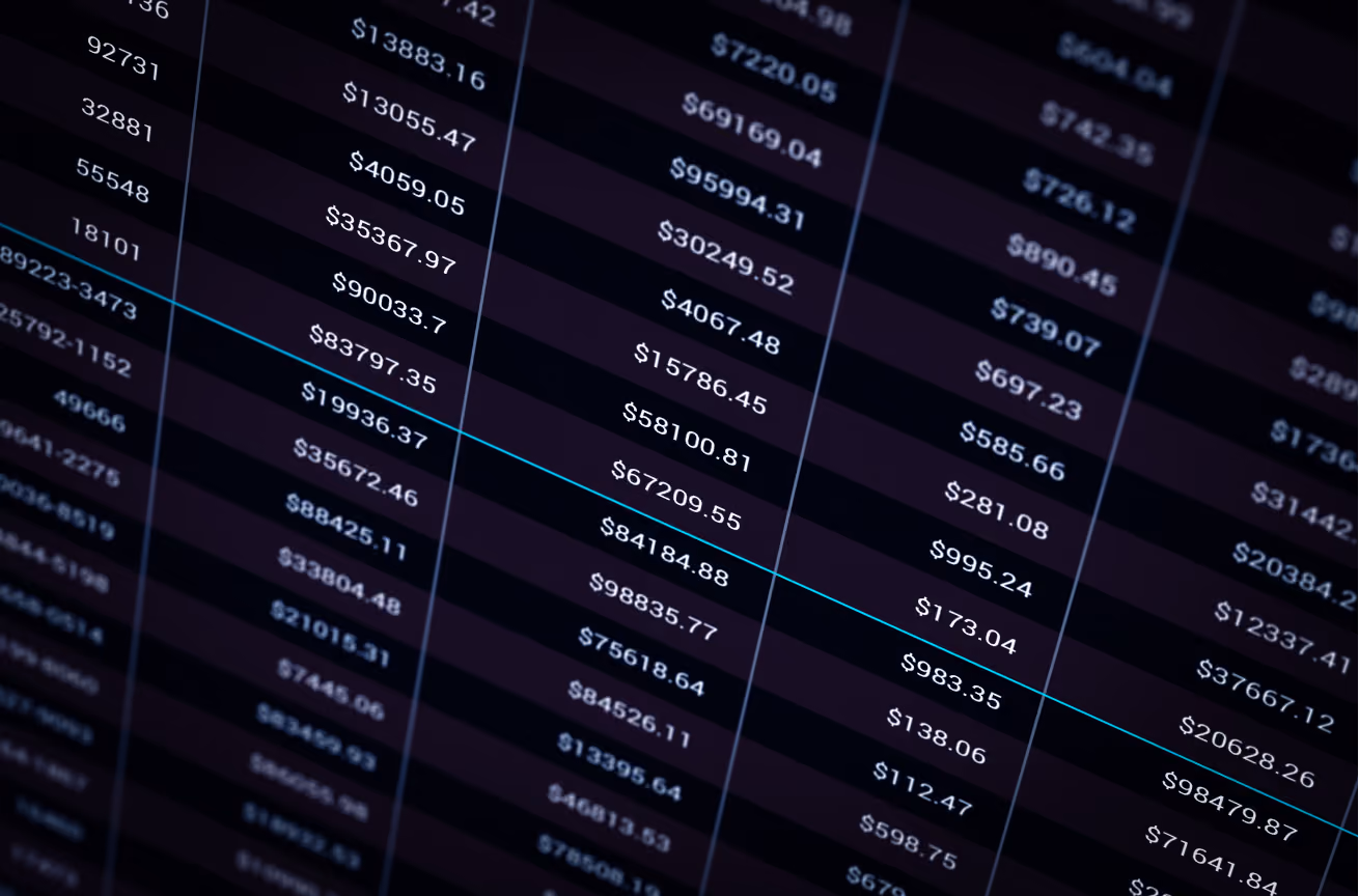 A dark financial dashboard shows multiple columns of fluctuating dollar values, with a thin blue line graph cutting across the grid.