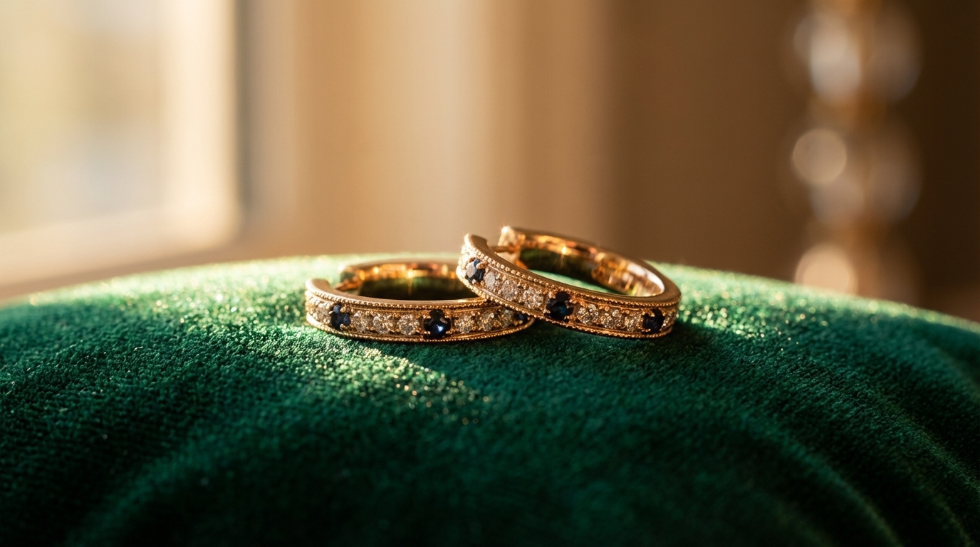 A dark velvet surface serves as the backdrop, rich and tactile, catching warm ambient light that creates a sense of understated luxury. The lighting is softly directional, with delicate rim highlights outlining the metallic curves of a pair of earrings and catching gemstone facets with natural sparkle — never overpowering, always elegant. A shallow depth of field creates soft bokeh in the background, with a warm, creamy blur that complements skin tones and textile textures. The scene is minimalist yet intimate, with a balance of golden-hour hues and soft shadows, showcasing the earrings with refined simplicity. Shot at f/2.0 using a 100mm macro lens to emphasize surface textures and light-play across polished and matte finishes