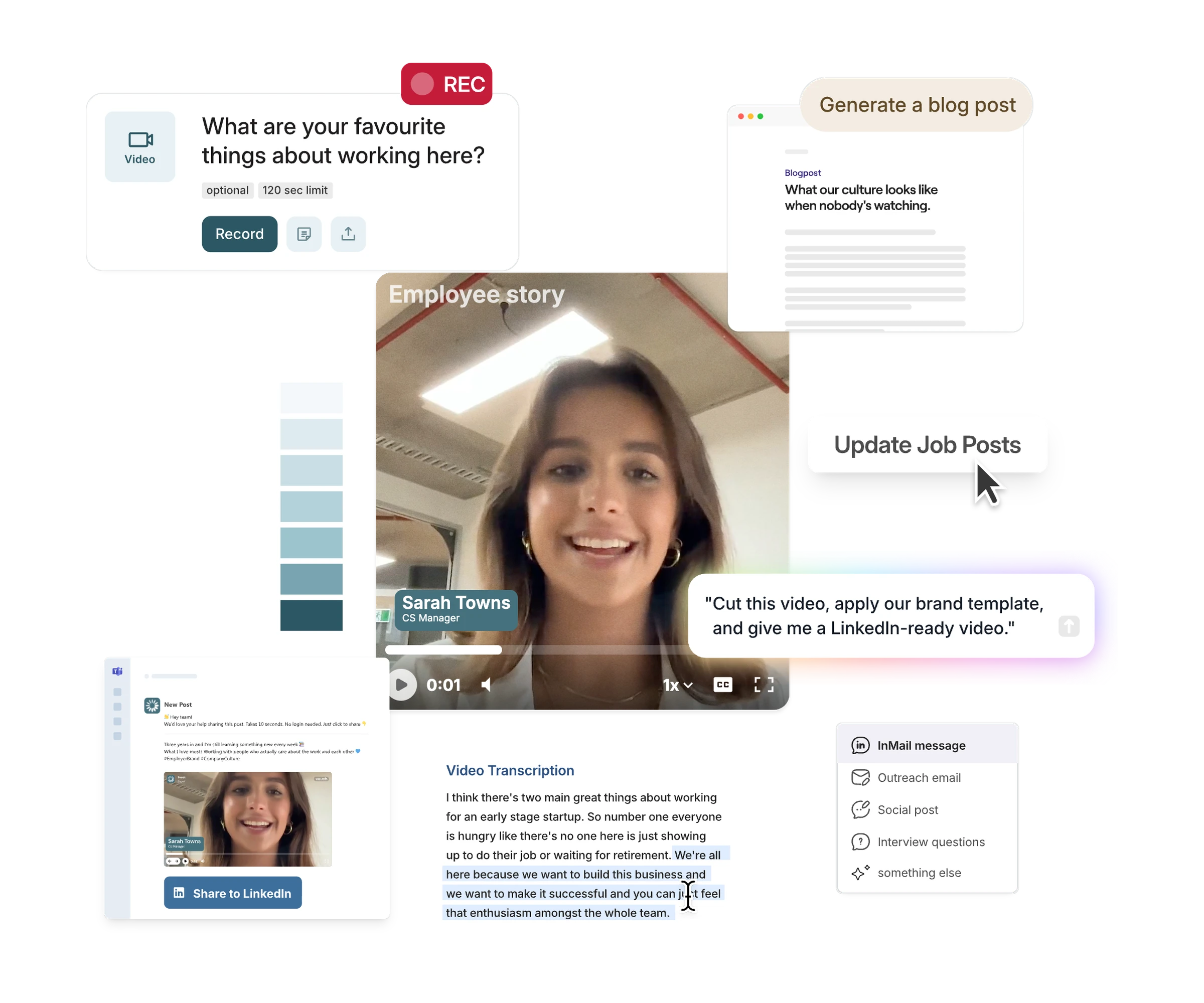 Vouch workspace with an employee story video, a recording prompt and AI-drafted job posts and blog
