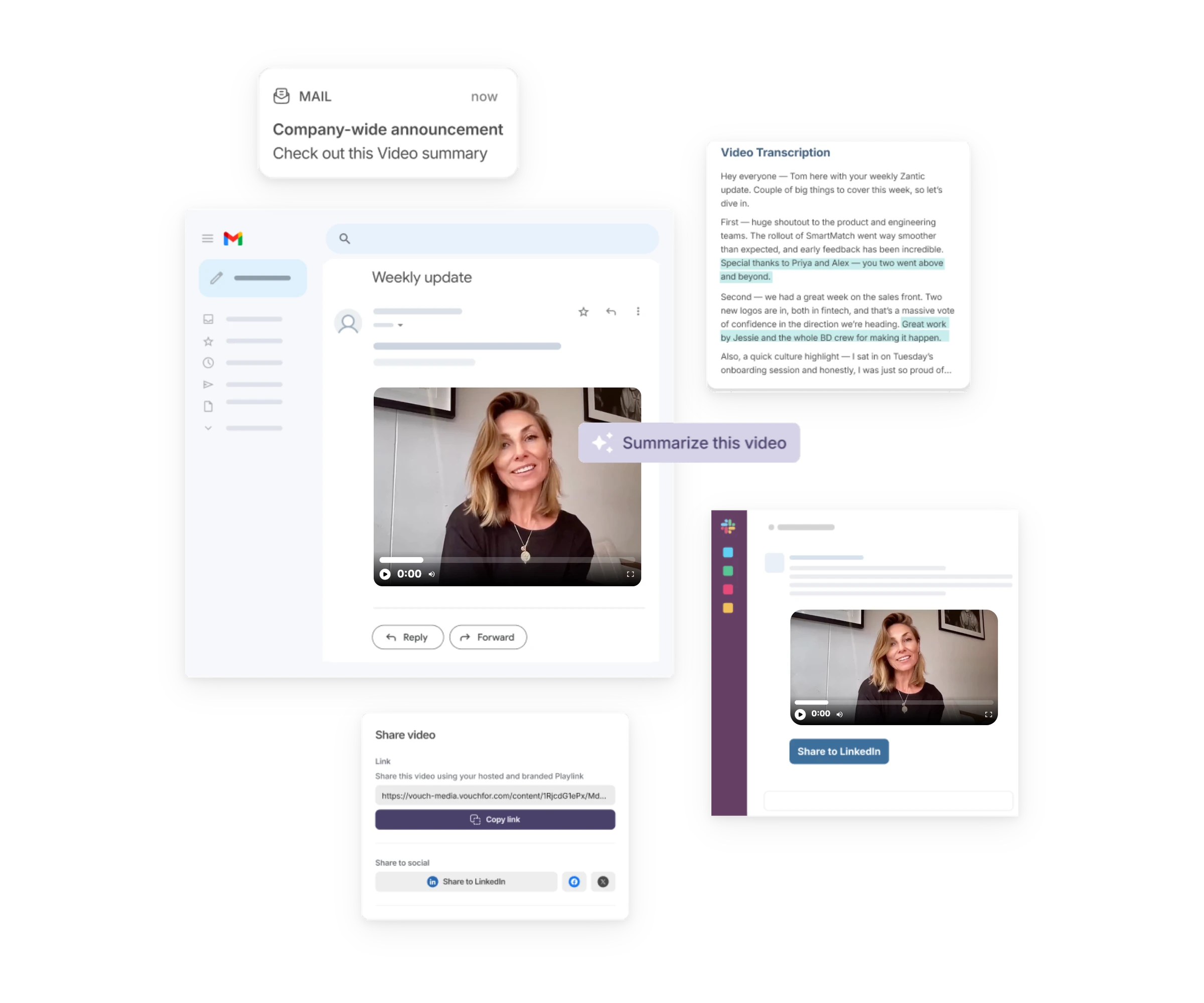 Leadership video update in Vouch, shared by email and Slack with a written transcript
