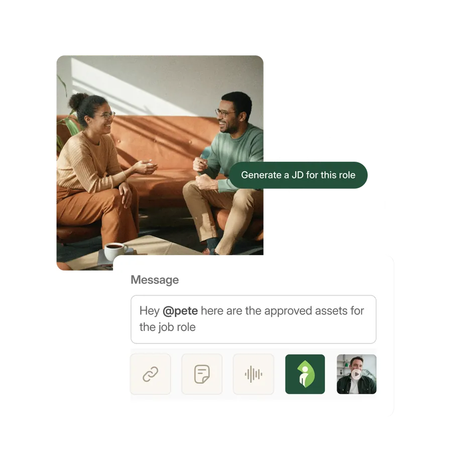 Two colleagues chatting on a sofa beside a Vouch message sharing approved assets and a 'Generate a JD for this role' button