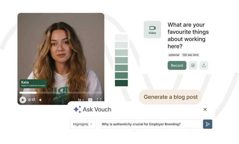 Vouch interface with a woman's employee video, the question 'What are your favourite things about working here?' and an Ask Vouch prompt