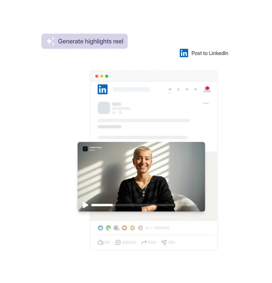 Vouch 'Generate highlights reel' and 'Post to LinkedIn' buttons above a LinkedIn post featuring a smiling woman's video