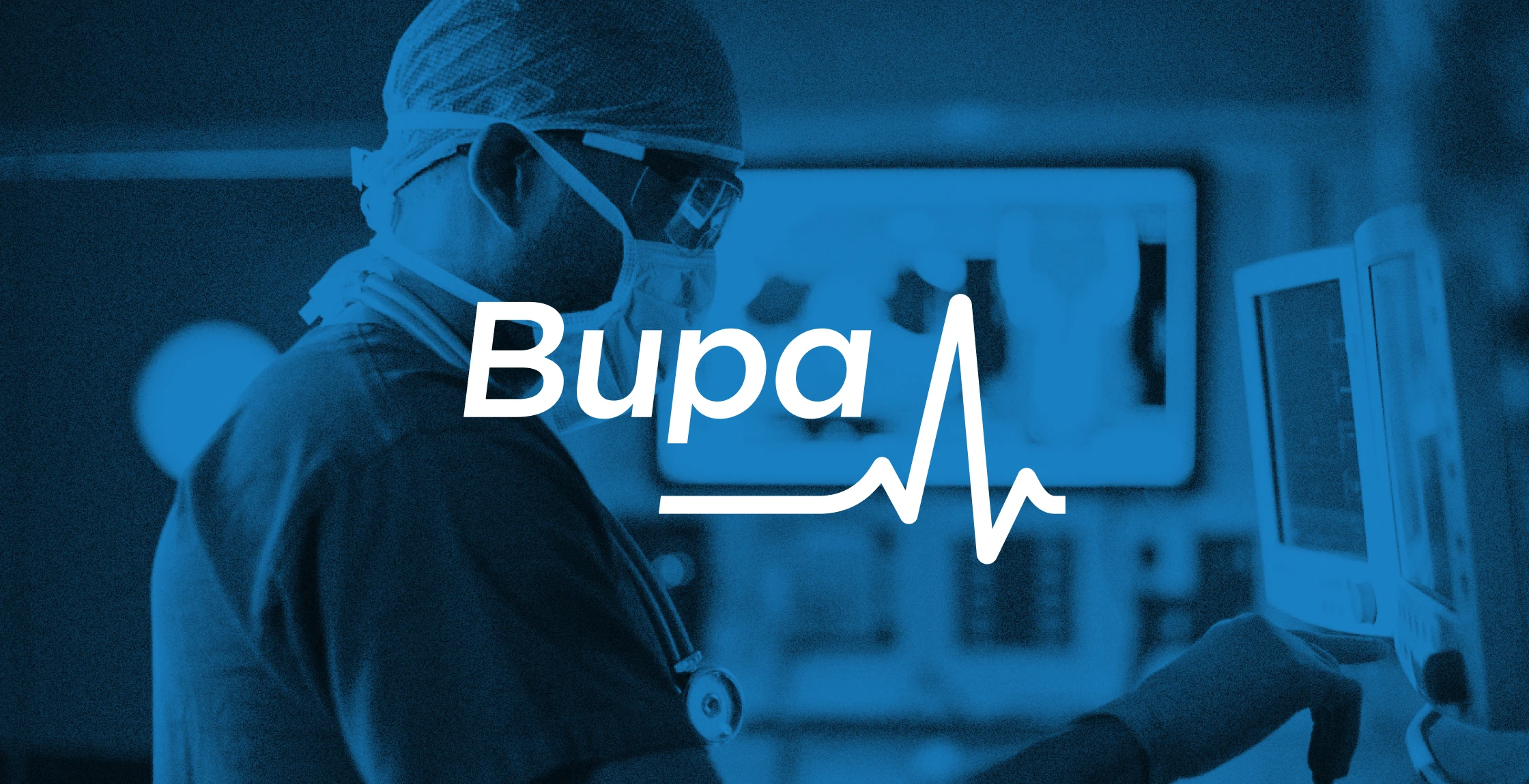 Bupa logo over a blue-tinted photo of a healthcare worker in a surgical cap and mask