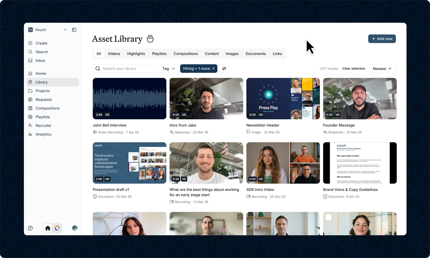Vouch Asset Library showing interview videos, highlights, documents and images filtered by hiring tag