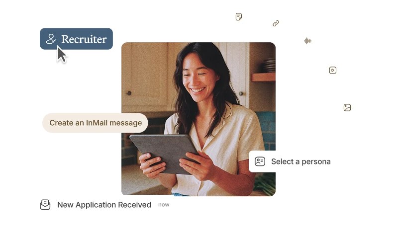 Woman smiling at a tablet with Vouch prompts for Recruiter, Create an InMail message and Select a persona