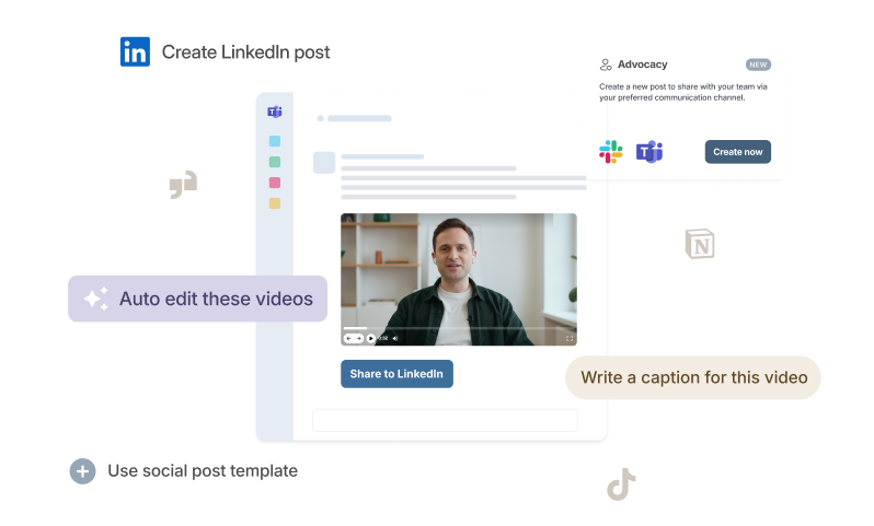 Vouch advocacy tool creating a LinkedIn post from an employee video, with auto-edit and caption prompts