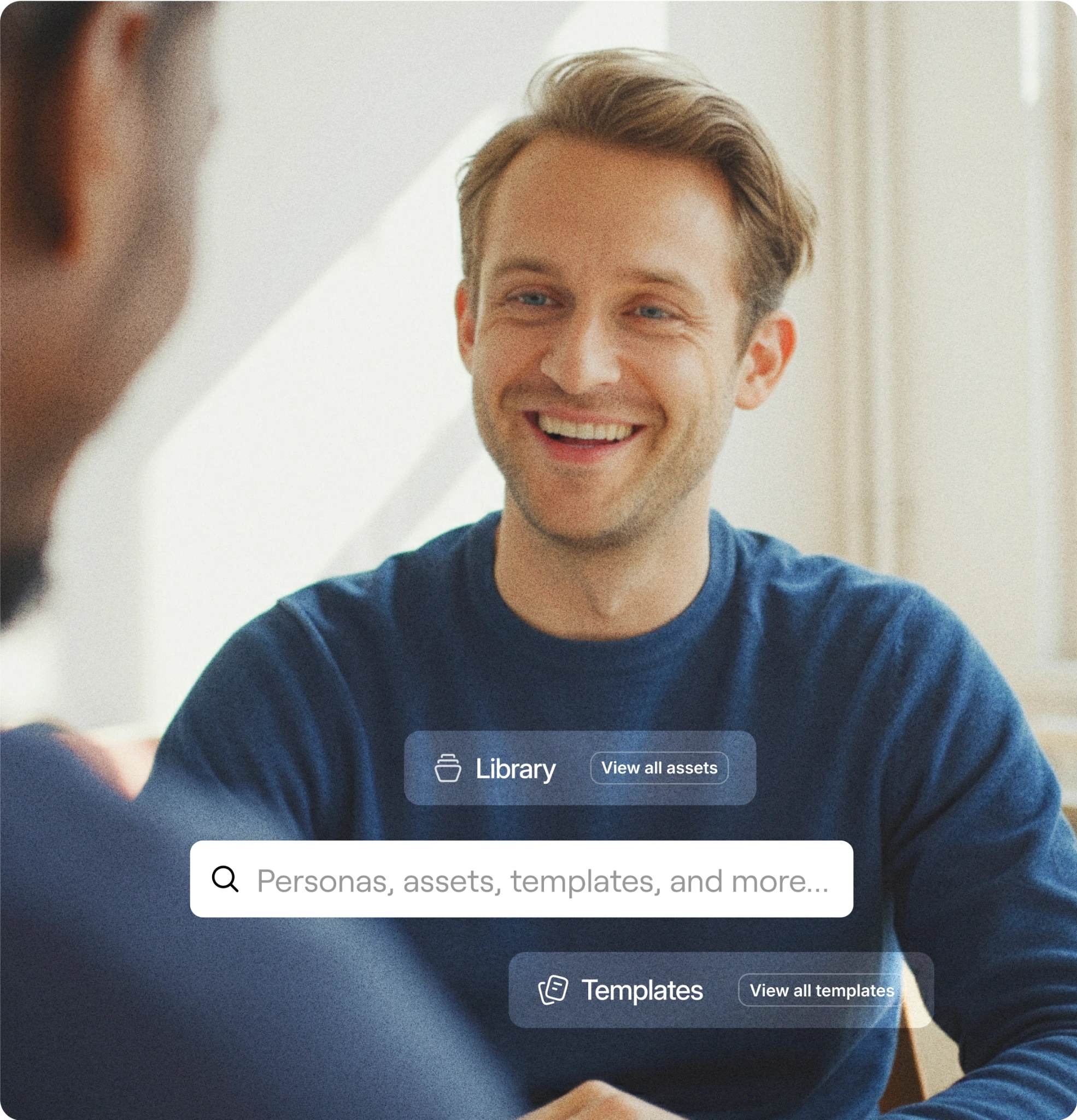 A smiling man in a blue sweater with Vouch AI search, library and templates panels overlaid