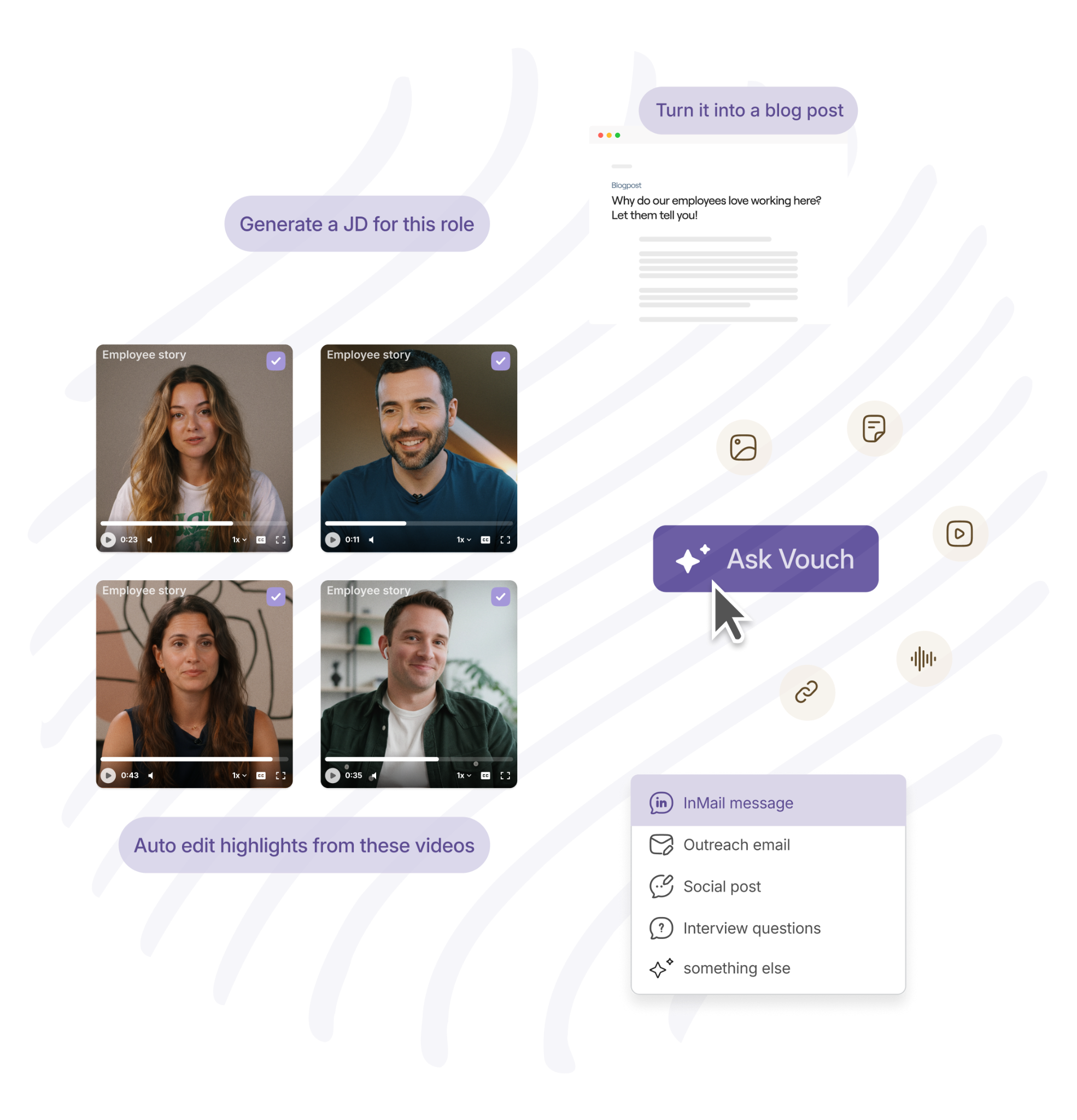 Vouch AI workspace with employee story videos, an Ask Vouch button and prompts to generate a JD or blog post