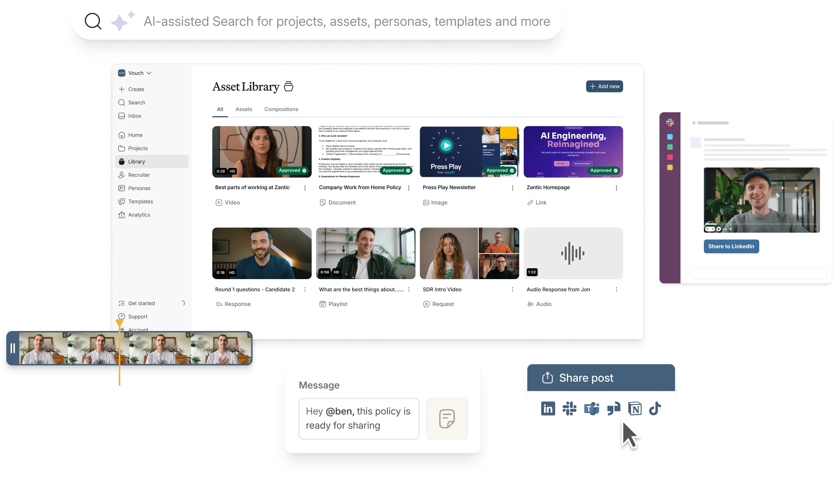 Vouch asset library with employee videos and documents, AI-assisted search bar and a share-to-LinkedIn panel