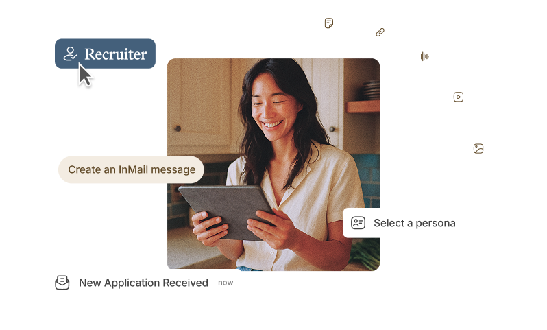 Vouch Recruiter interface over a smiling woman using a tablet, with InMail and persona prompts