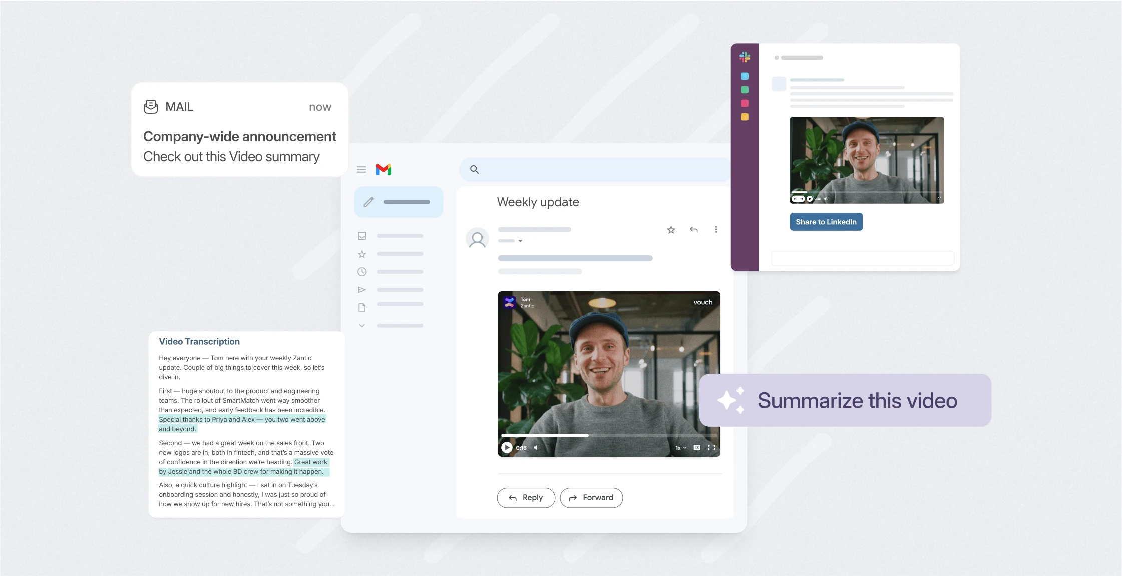 Vouch video summary shared in an email and Slack-style weekly update, with a Summarize this video prompt