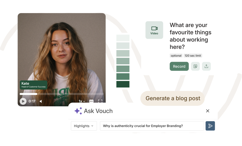 Vouch recorder with a woman named Kate answering what she loves about working here, plus Ask Vouch prompts