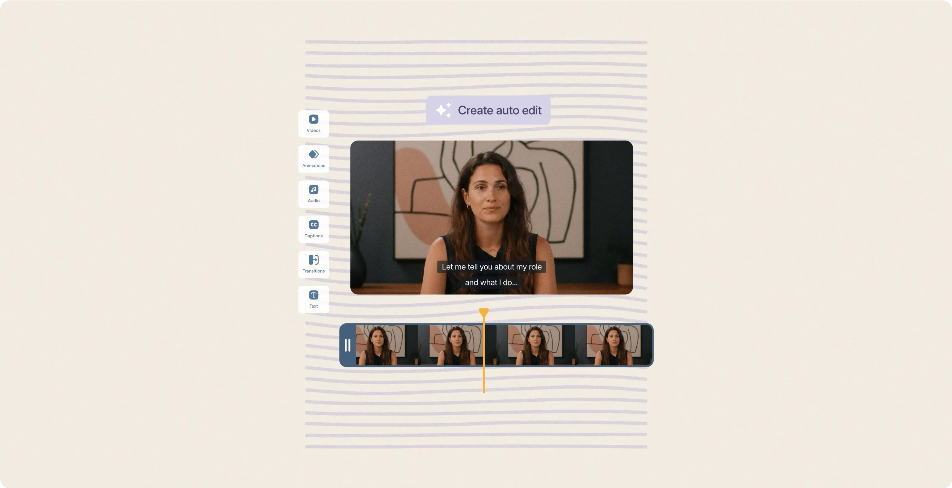 Vouch video editor creating an auto edit of a woman speaking to camera, with a clip timeline below