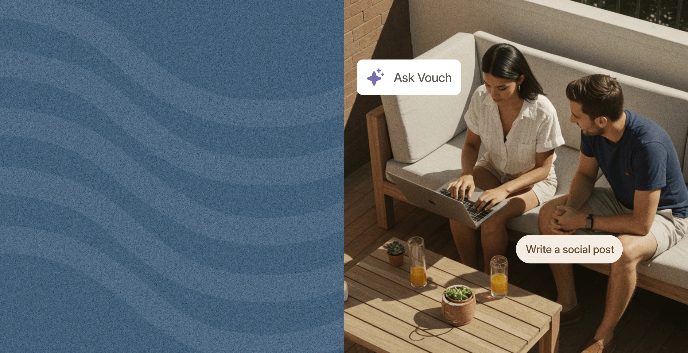 Two colleagues working on a laptop on a patio with Vouch AI prompts for Ask Vouch and Write a social post