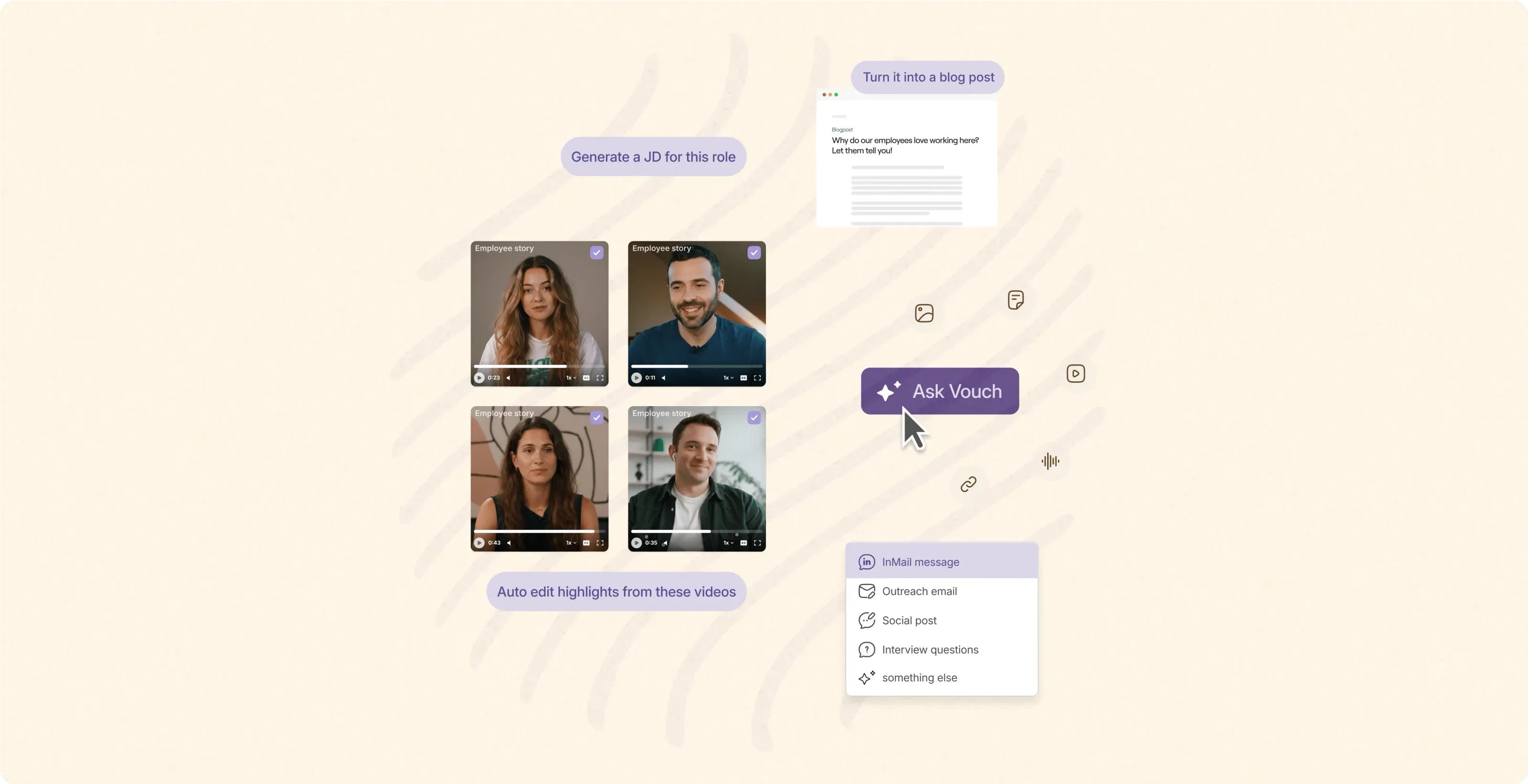 Vouch workspace with four employee videos, an Ask Vouch button and AI options like 'Generate a JD for this role'