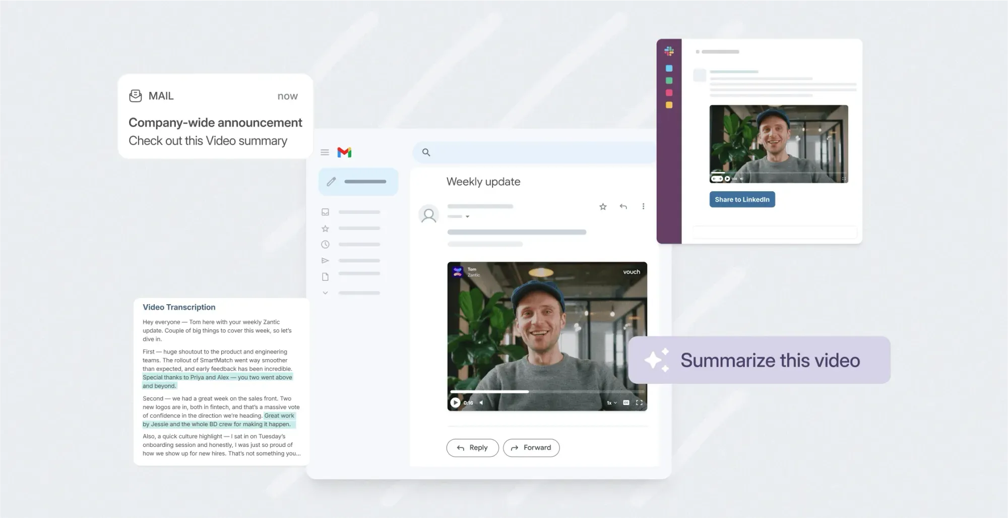 Gmail weekly update with an embedded employee video, a video transcription and a 'Summarize this video' Vouch prompt