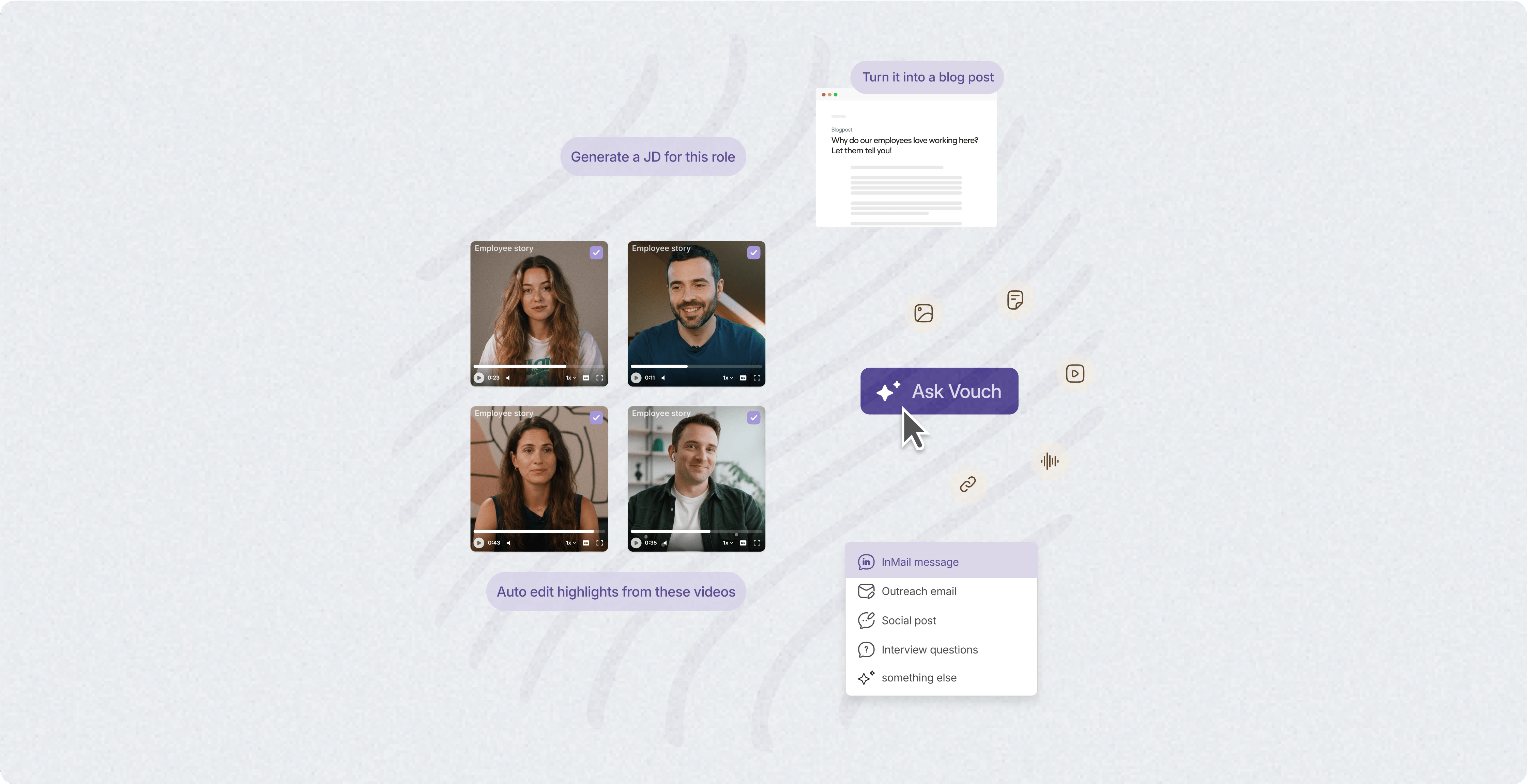 Vouch workspace with four employee videos, an Ask Vouch menu and options to auto edit highlights or turn them into a blog post