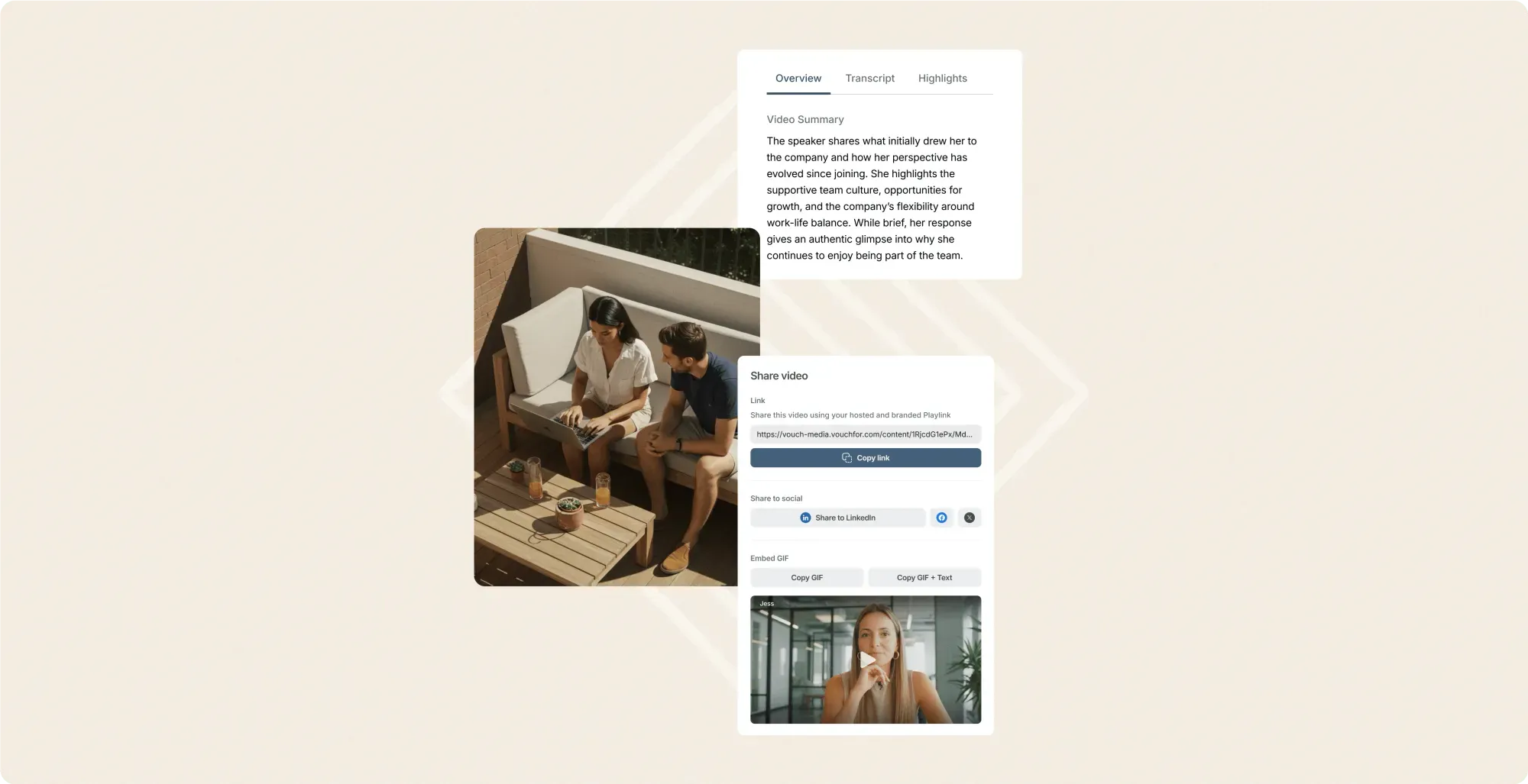 Vouch video summary and share panel beside photos of two people talking and a woman recording a video