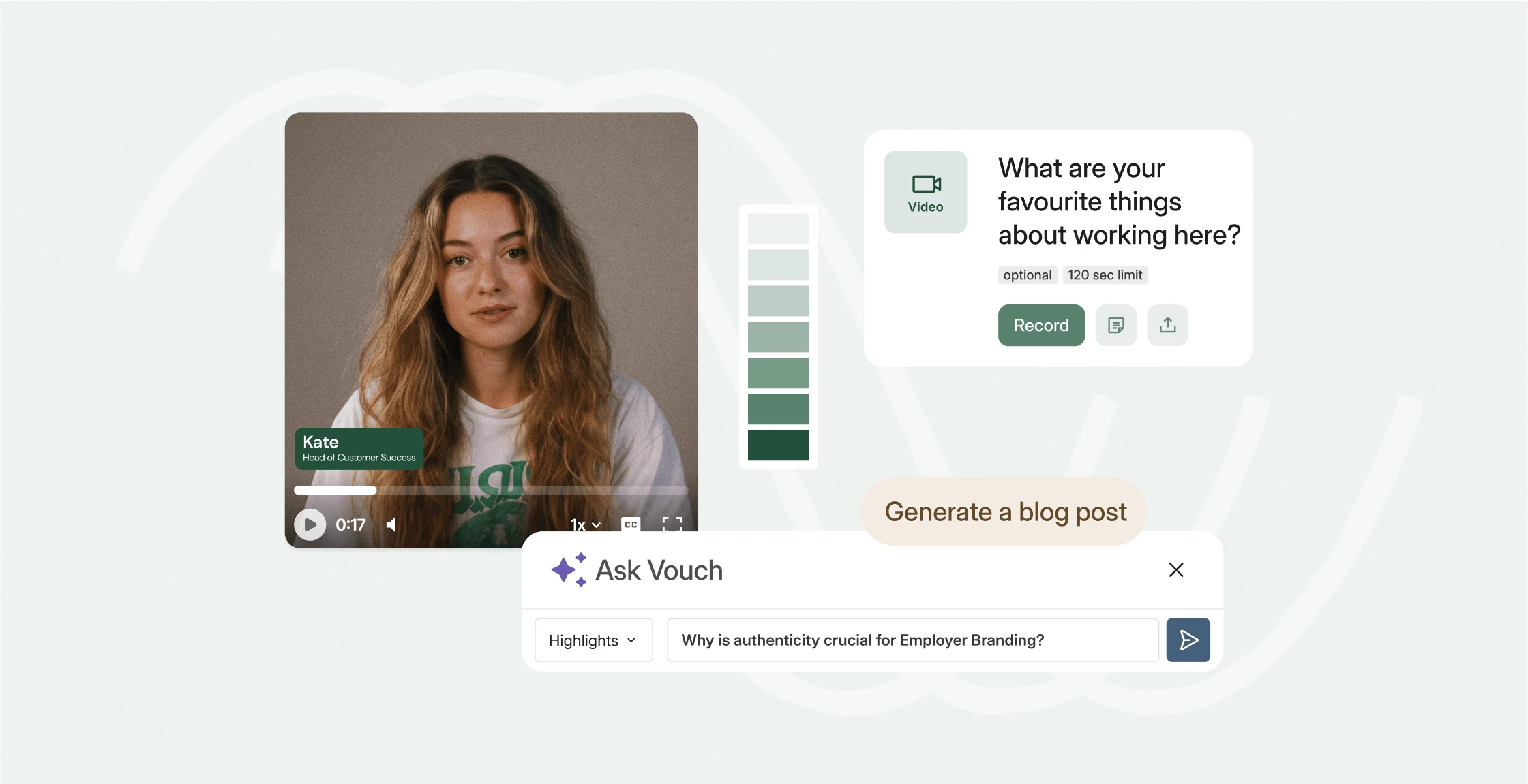 Vouch interface with a woman's employee video, the question 'What are your favourite things about working here?' and Ask Vouch