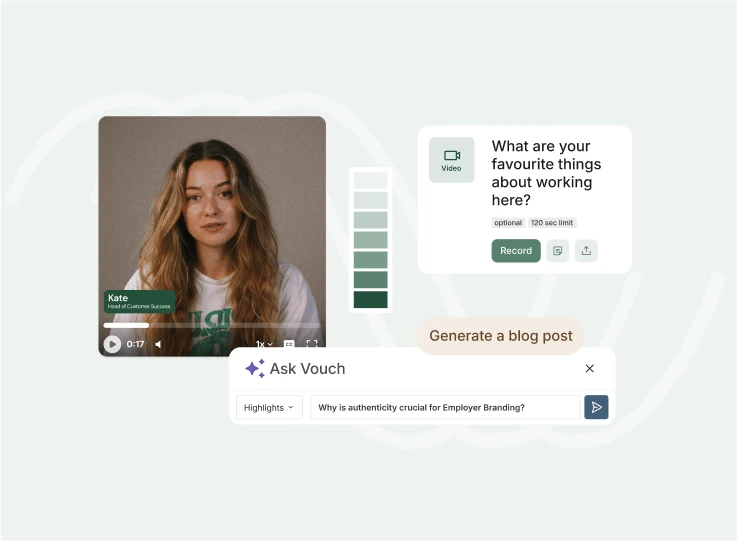 Vouch interface with a woman's employee video, the question 'What are your favourite things about working here?' and Ask Vouch