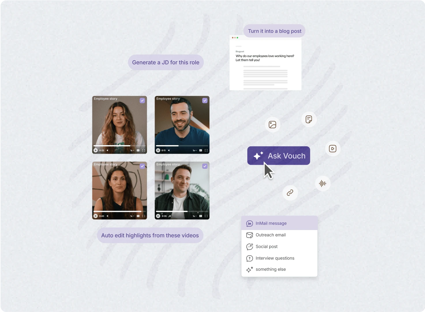 Vouch AI workspace with employee story videos, an Ask Vouch button and prompts to generate a JD or blog post