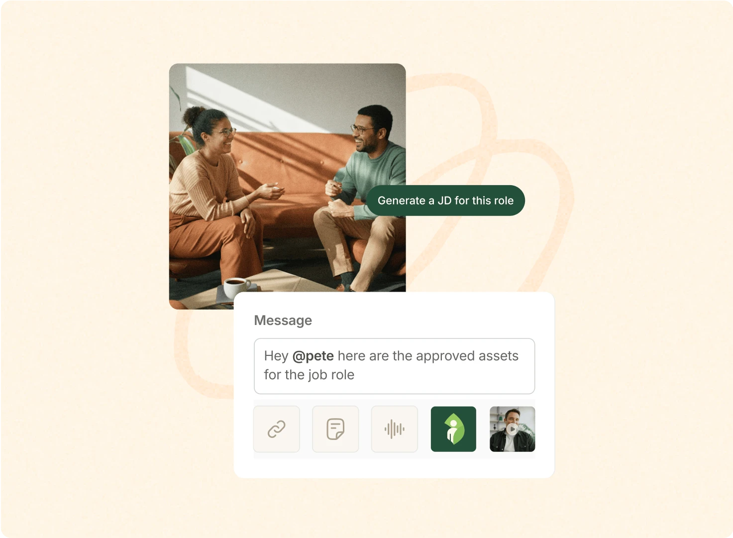 Two colleagues talking on a sofa with a Vouch 'Generate a JD for this role' prompt and approved assets message