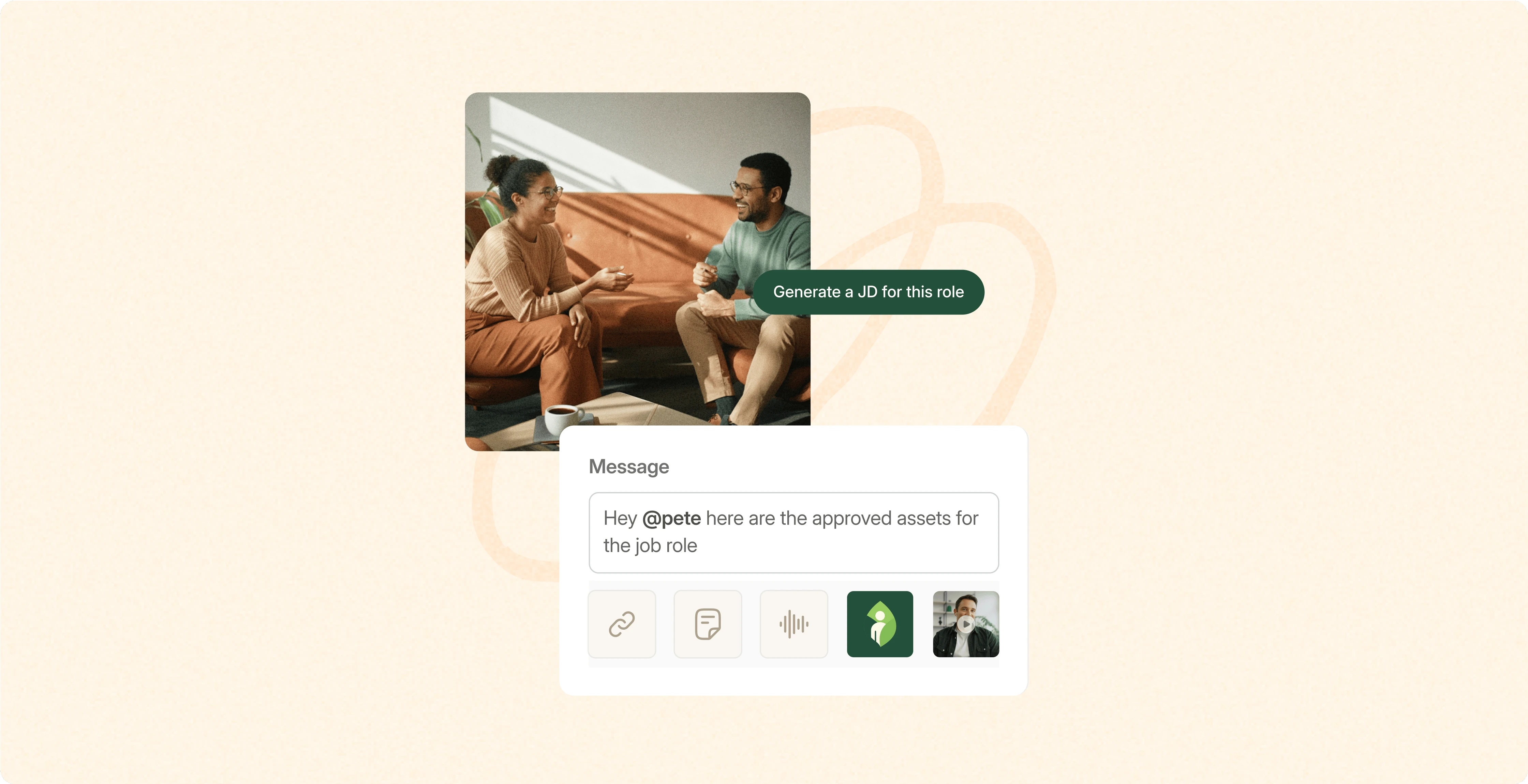 Two colleagues talking on a sofa with a Vouch 'Generate a JD for this role' prompt and approved assets message