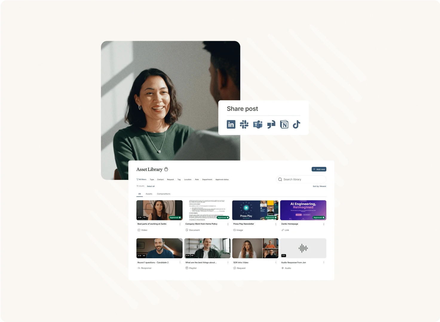 Smiling woman in conversation beside a Vouch Asset Library and share post options for social channels