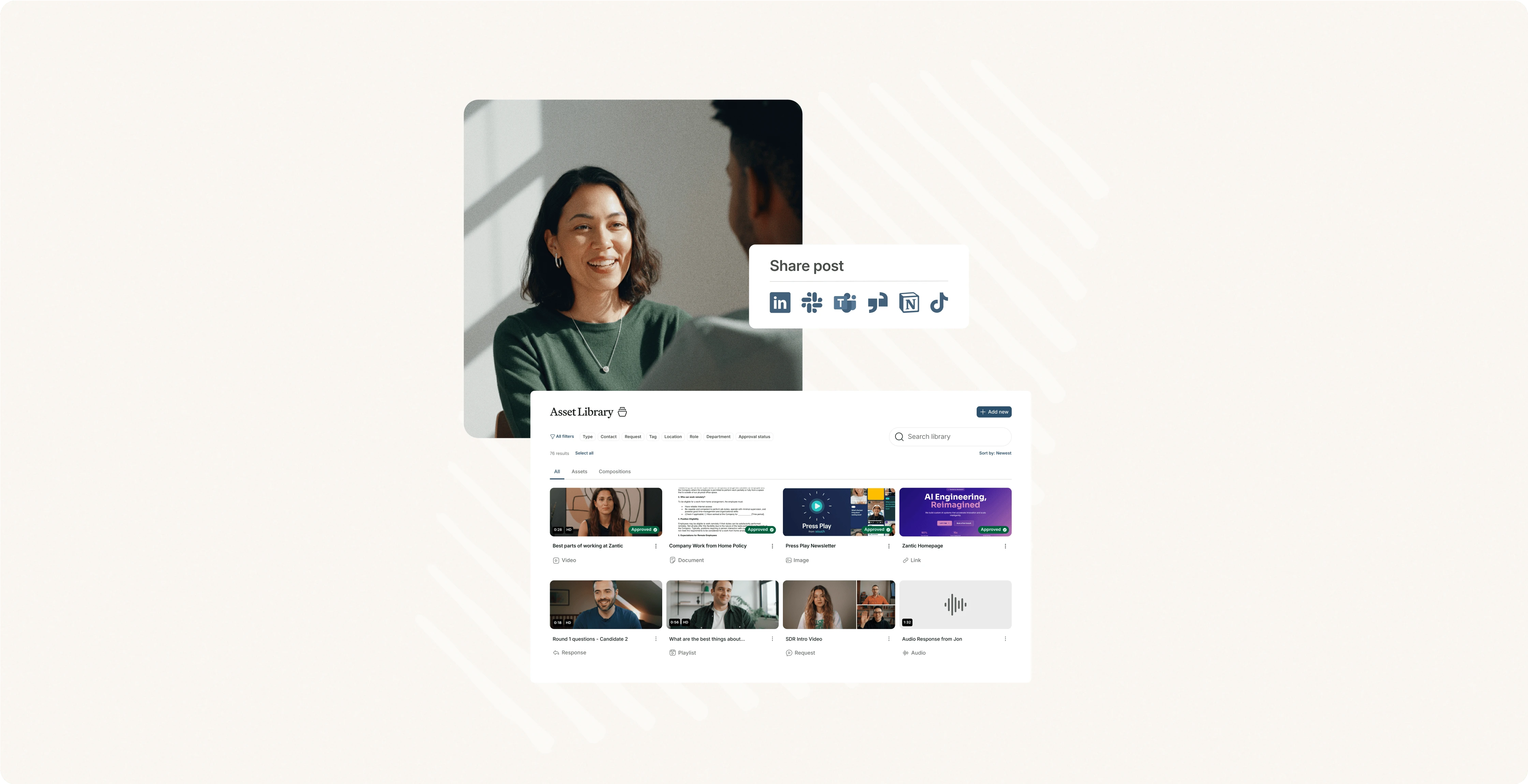 Smiling woman in conversation beside a Vouch Asset Library and share post options for social channels