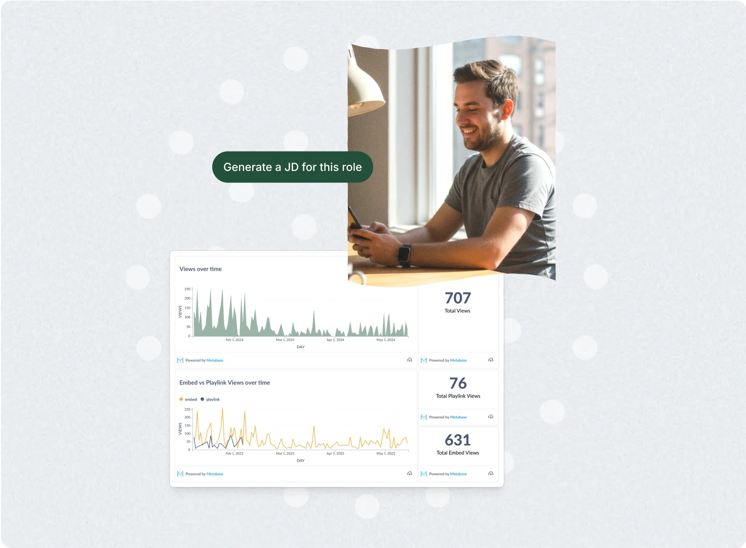 Man working at a laptop with a Vouch analytics dashboard showing video views and a 'Generate a JD' prompt