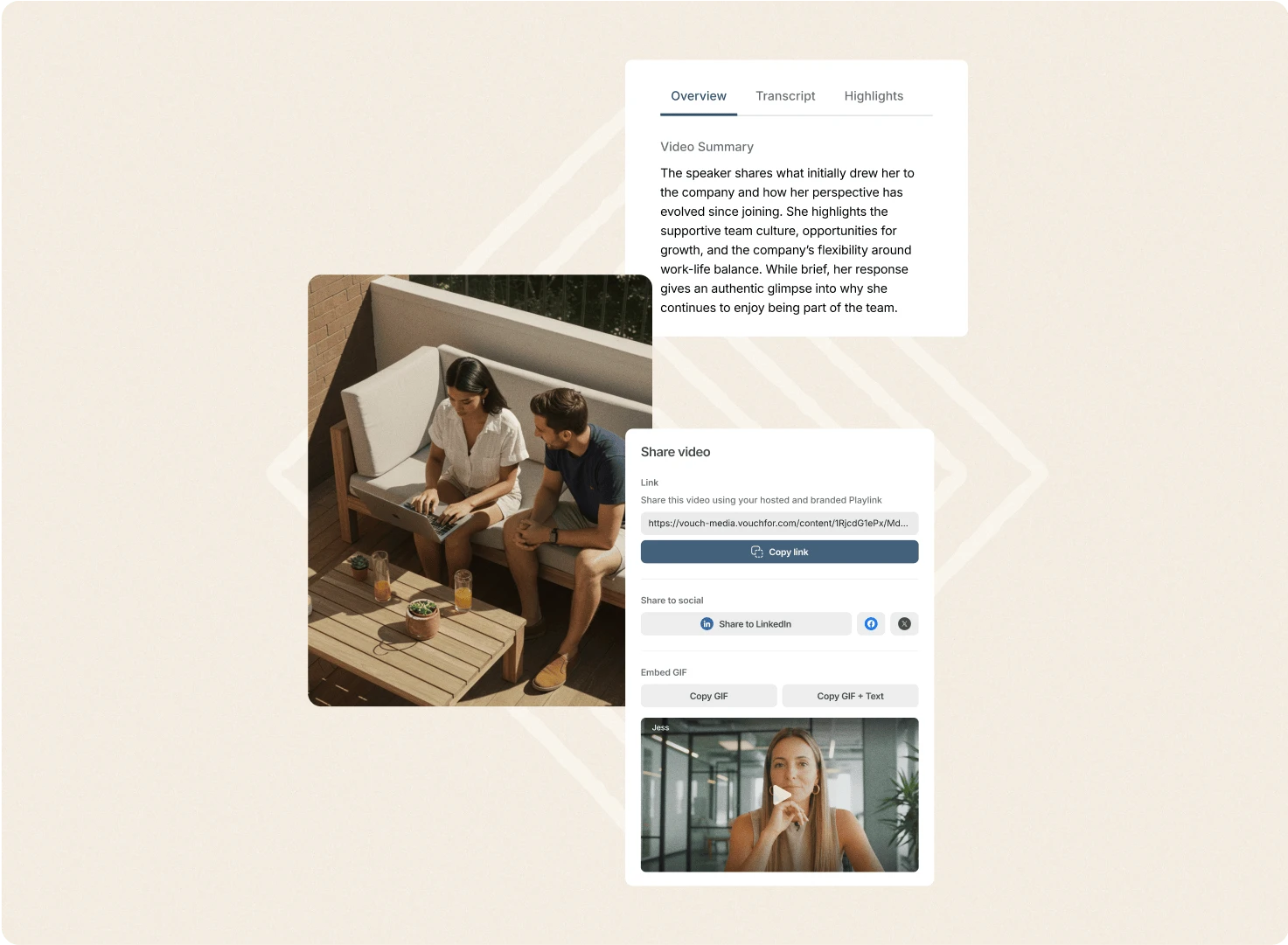 Two people looking at a laptop beside a Vouch video summary, transcript and share options