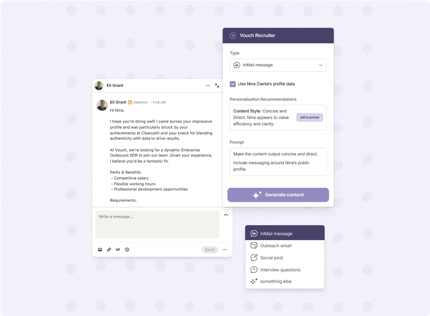 Vouch Recruiter generating a personalised InMail message for a candidate from their profile data