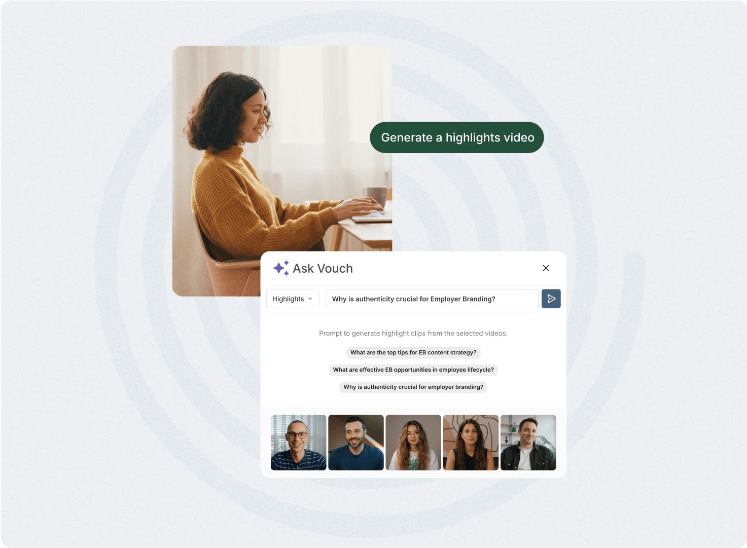 Woman working at a laptop with Vouch's Ask Vouch panel and a 'Generate a highlights video' prompt