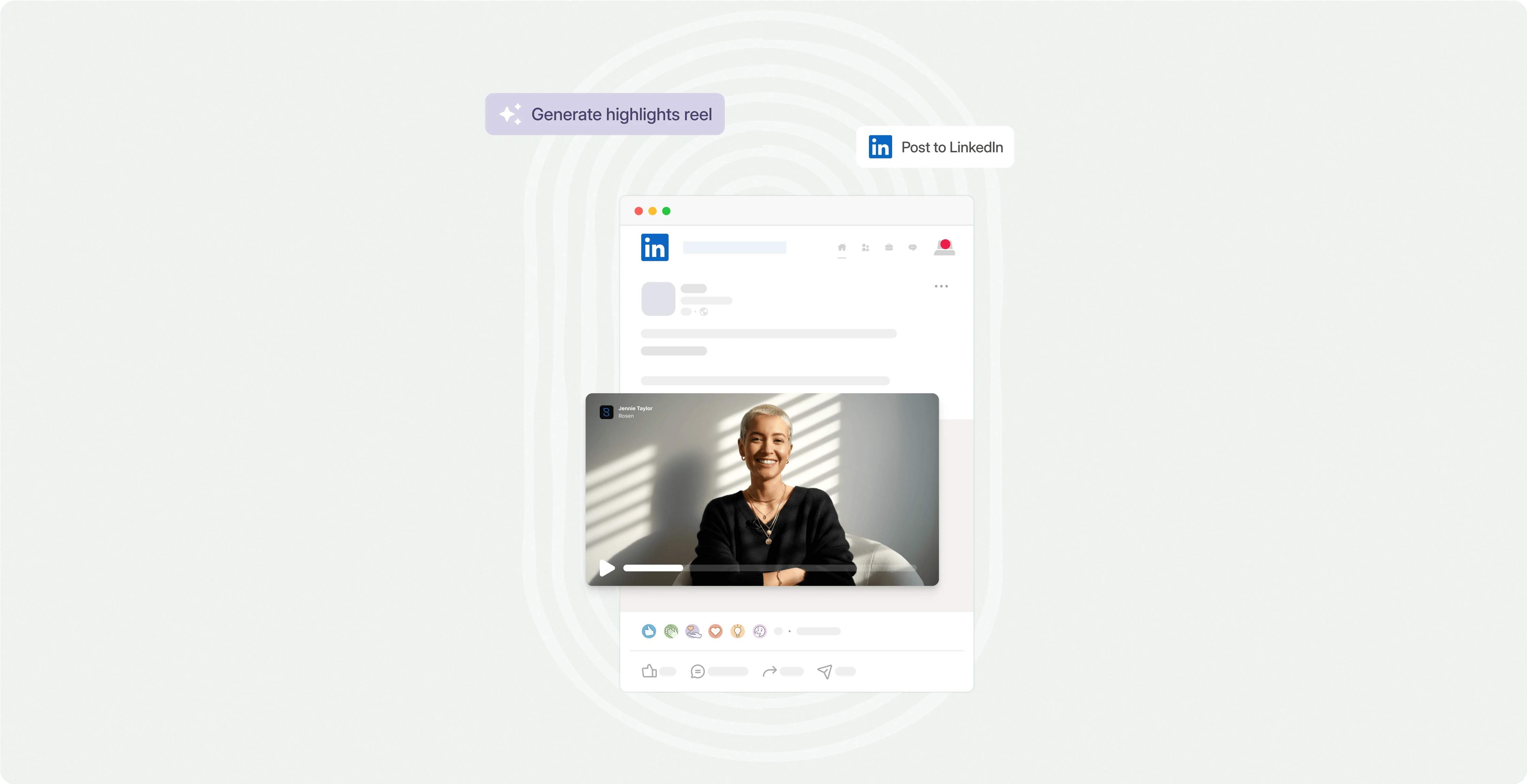Vouch 'Generate highlights reel' prompt with a LinkedIn post featuring a video of a woman speaking
