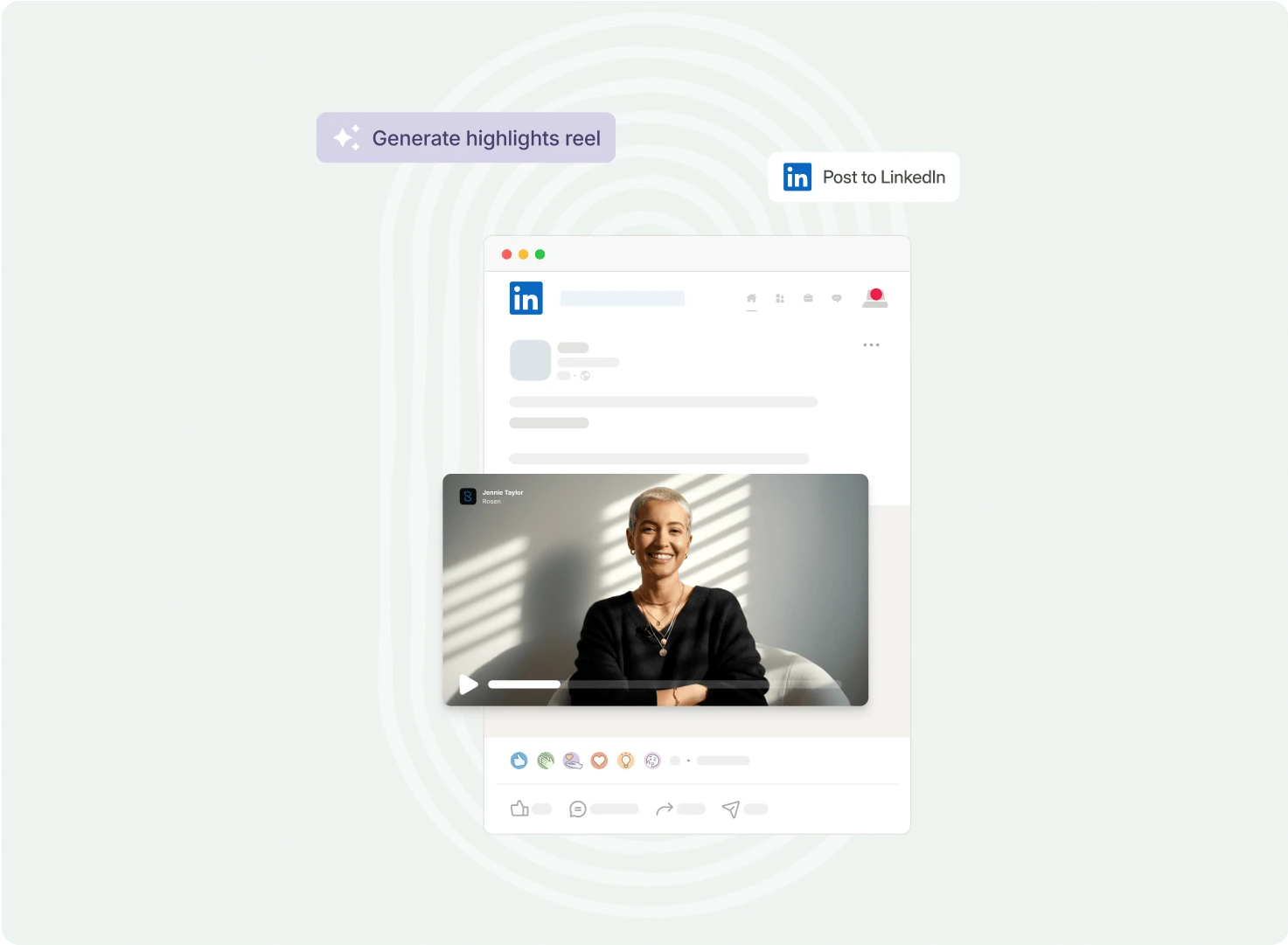 Vouch 'Generate highlights reel' prompt with a LinkedIn post featuring a video of a woman speaking