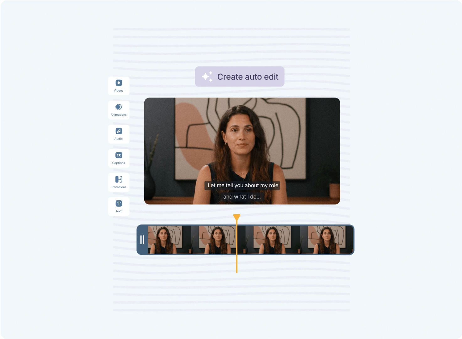 Vouch video editor with a 'Create auto edit' prompt, a woman speaking on camera and a clip timeline