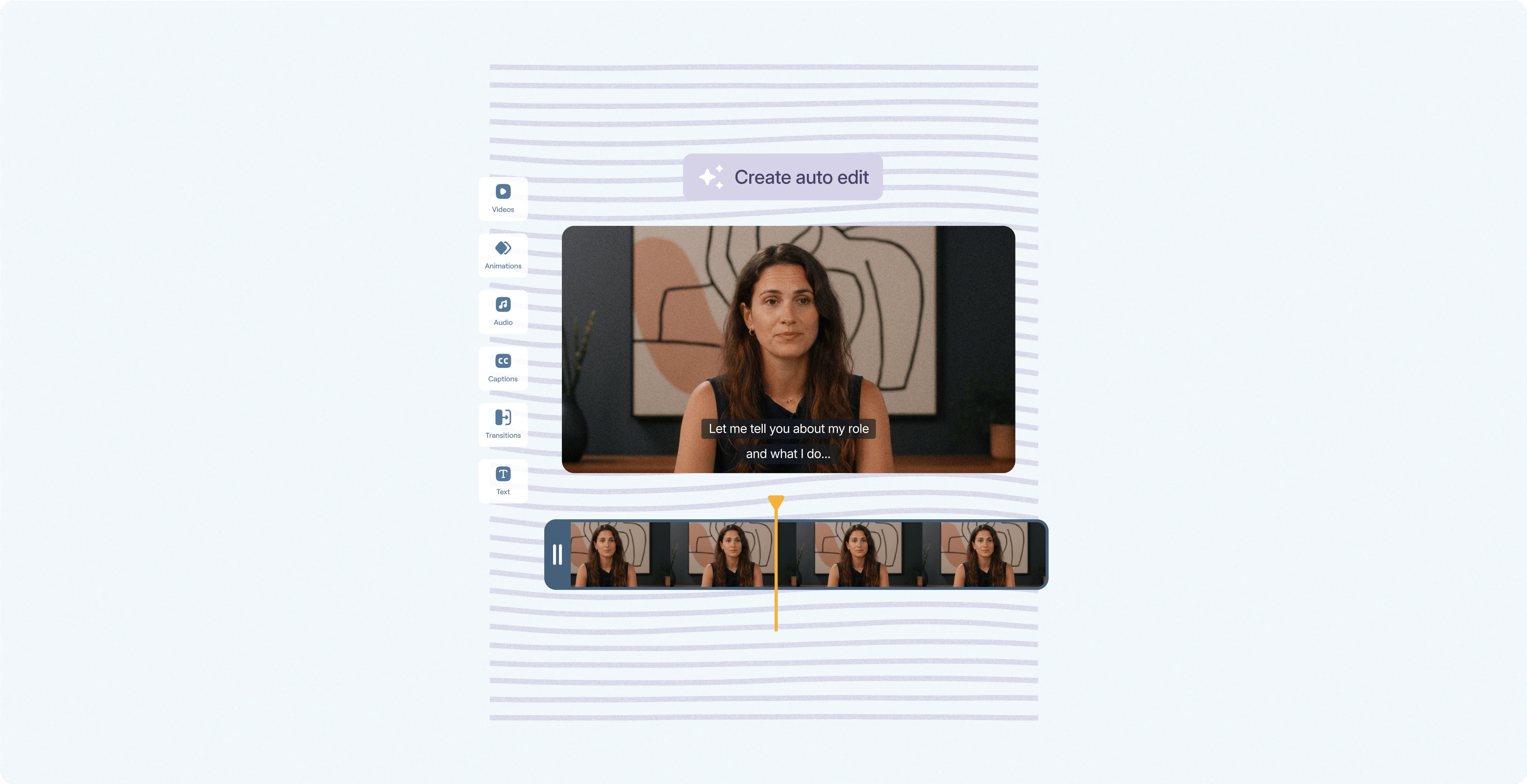 Vouch video editor with a 'Create auto edit' prompt, a woman speaking on camera and a clip timeline