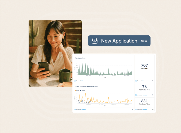 A woman smiling at her phone beside a New Application alert and Vouch video analytics charts
