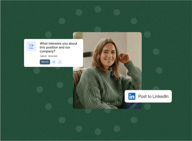 A smiling woman in a green sweater with a Vouch question prompt and a Post to LinkedIn button