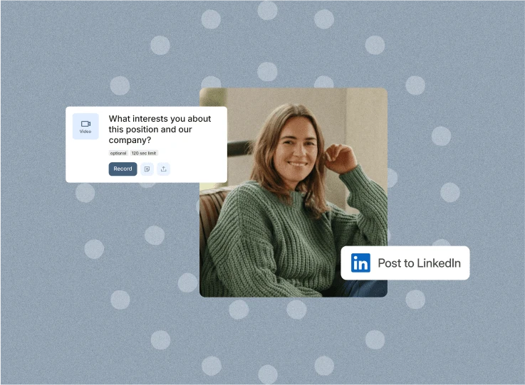 A smiling woman in a green sweater with a Vouch question prompt and a Post to LinkedIn button